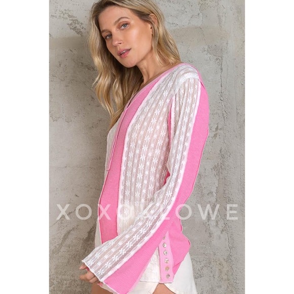 POL Bubblegum Pink + White Lace Patchwork Long Sleeve Henley Top - Picture 4 of 12